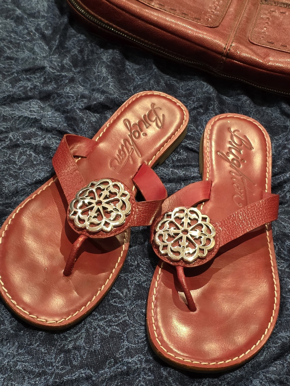 Brighton Burgundy Leather Thong Sandals with Silver Filigree Medallions